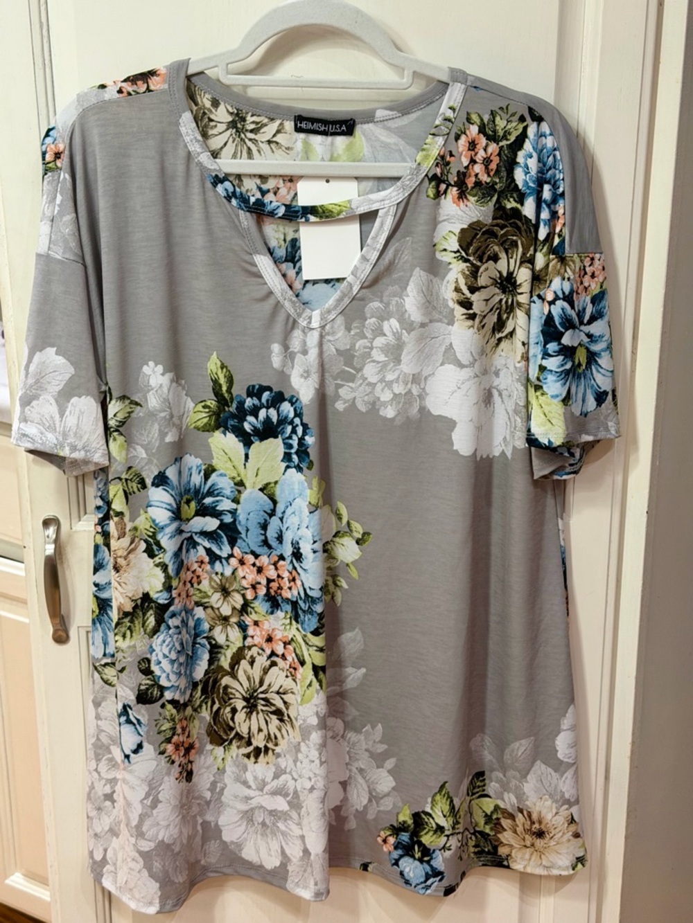HEIMISH USA Gray Floral V-Neck Tunic with Blue and Green Blooms